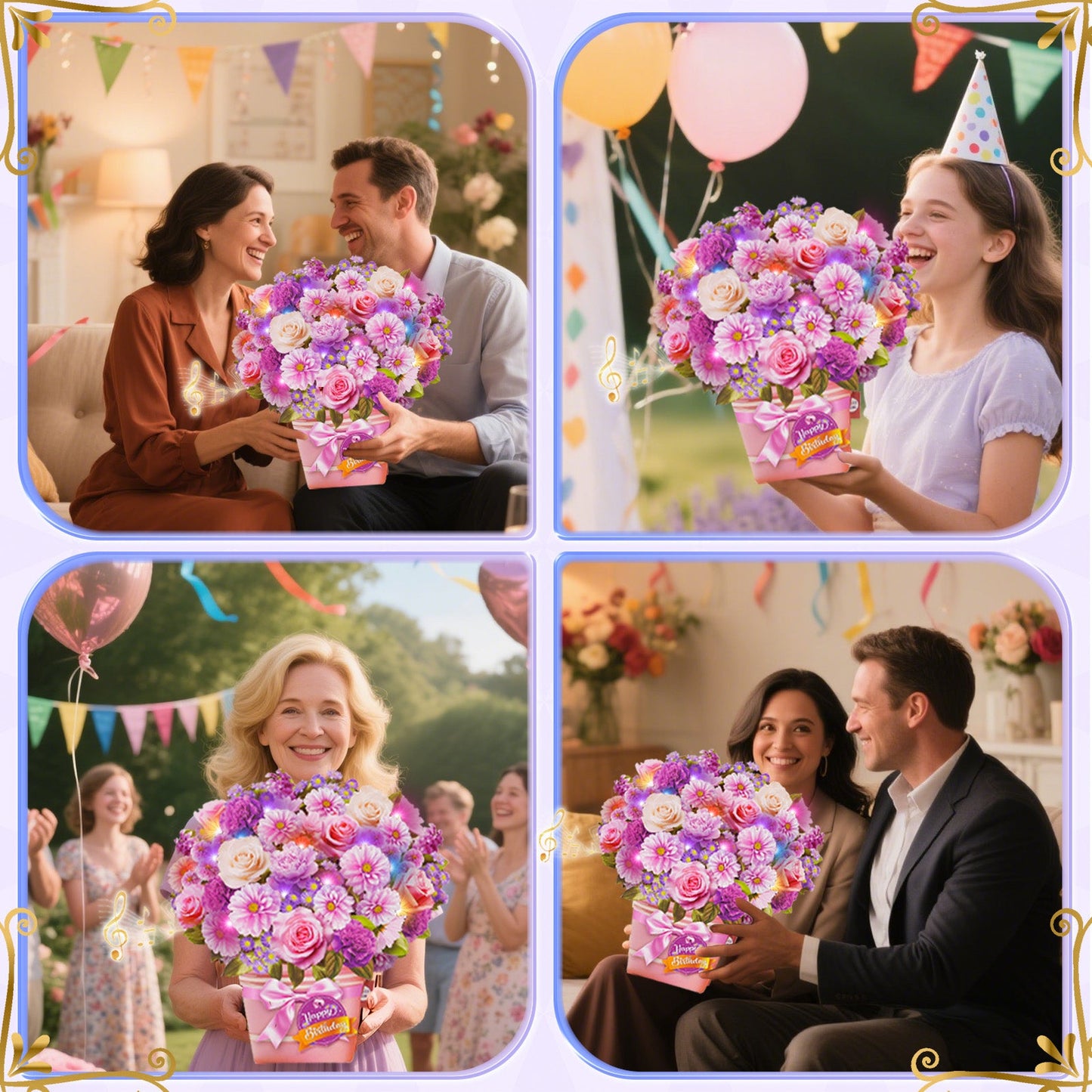 Lilac flower birthday card with music and lights, 3D bouquet
