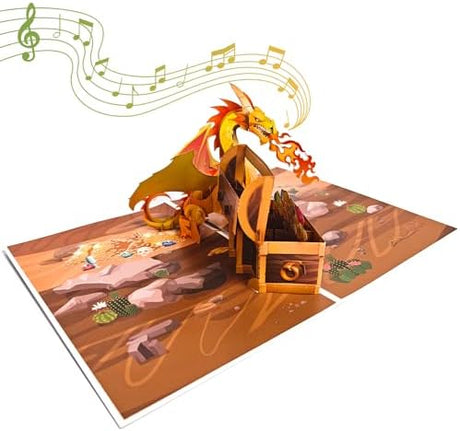 Dragon birthday card with music and lights, 3D pop-up for kids