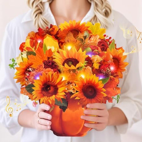 Thanksgiving 3D fall sunflower bouquet pop-up card with music and lights