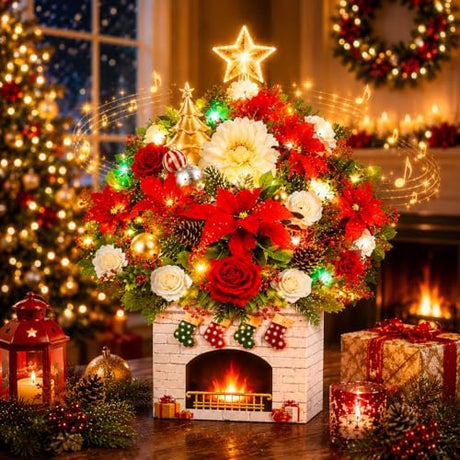 Christmas card with music and lights, 3D flower bouquet pop-up
