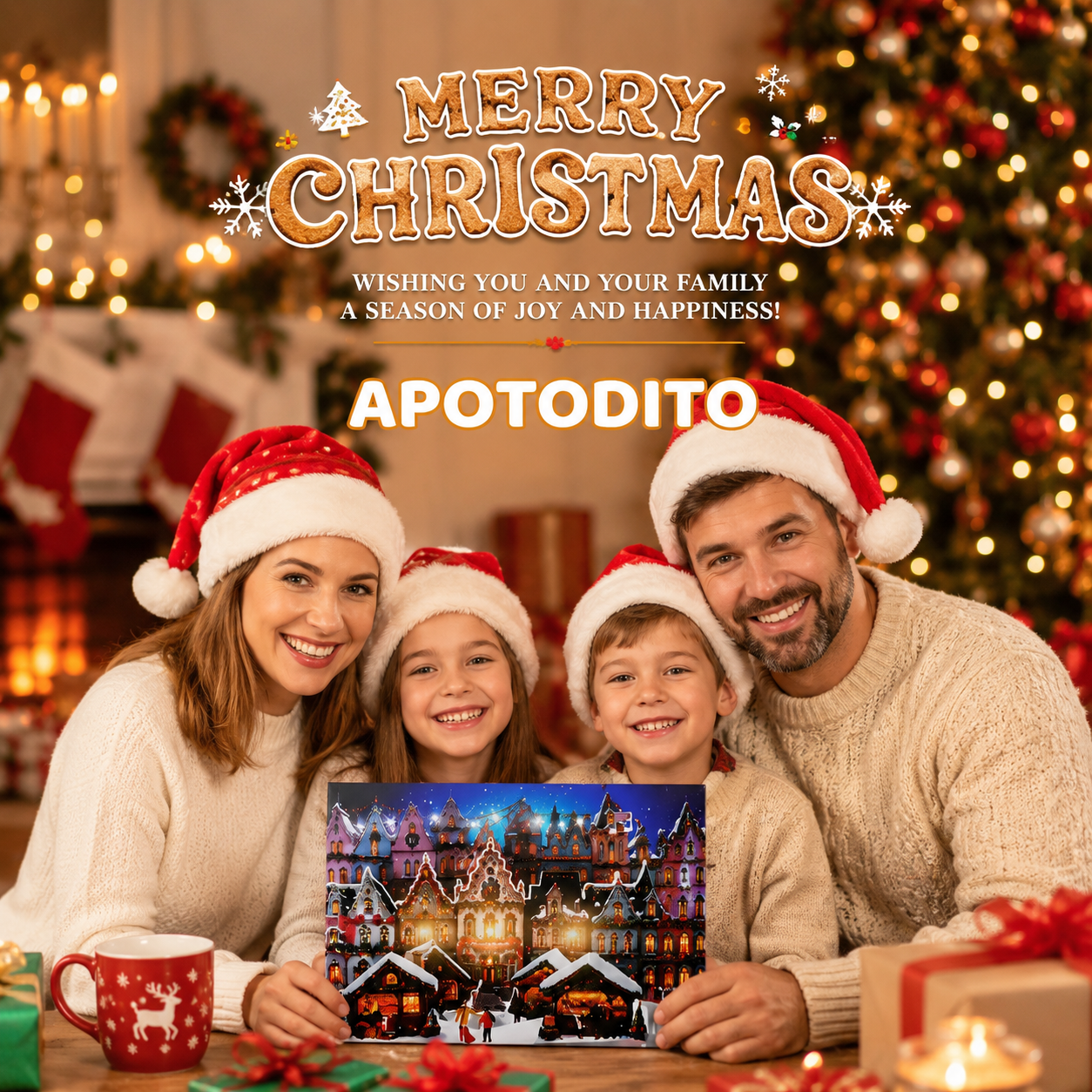 Christmas market card with music and lights, 3D pop-up scene