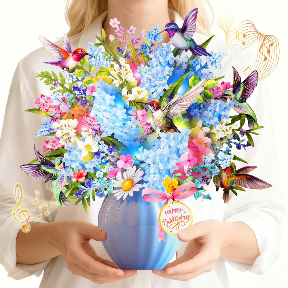 Hummingbird birthday card with music and lights, 3D flower bouquet
