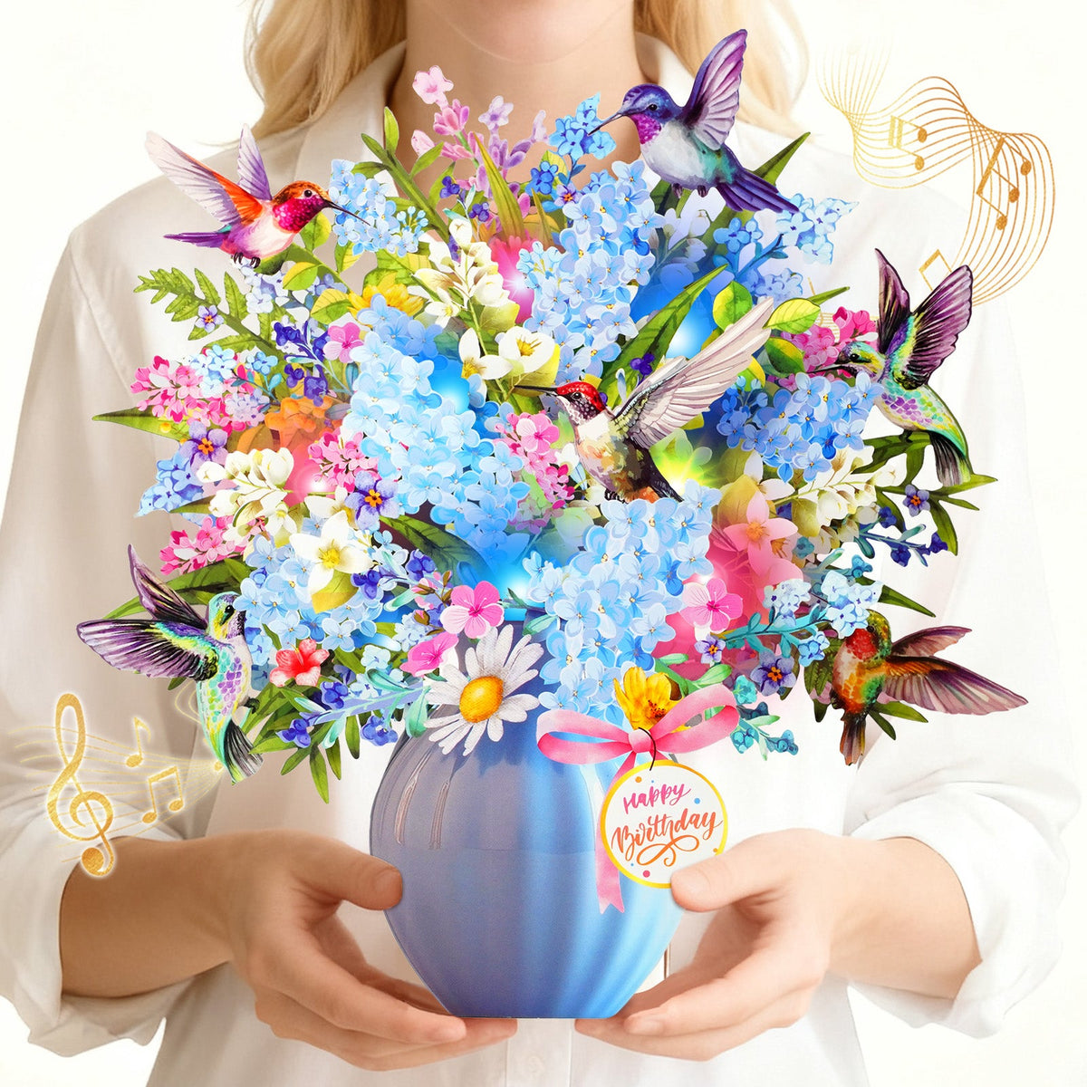 Hummingbird birthday card with music and lights, 3D flower bouquet