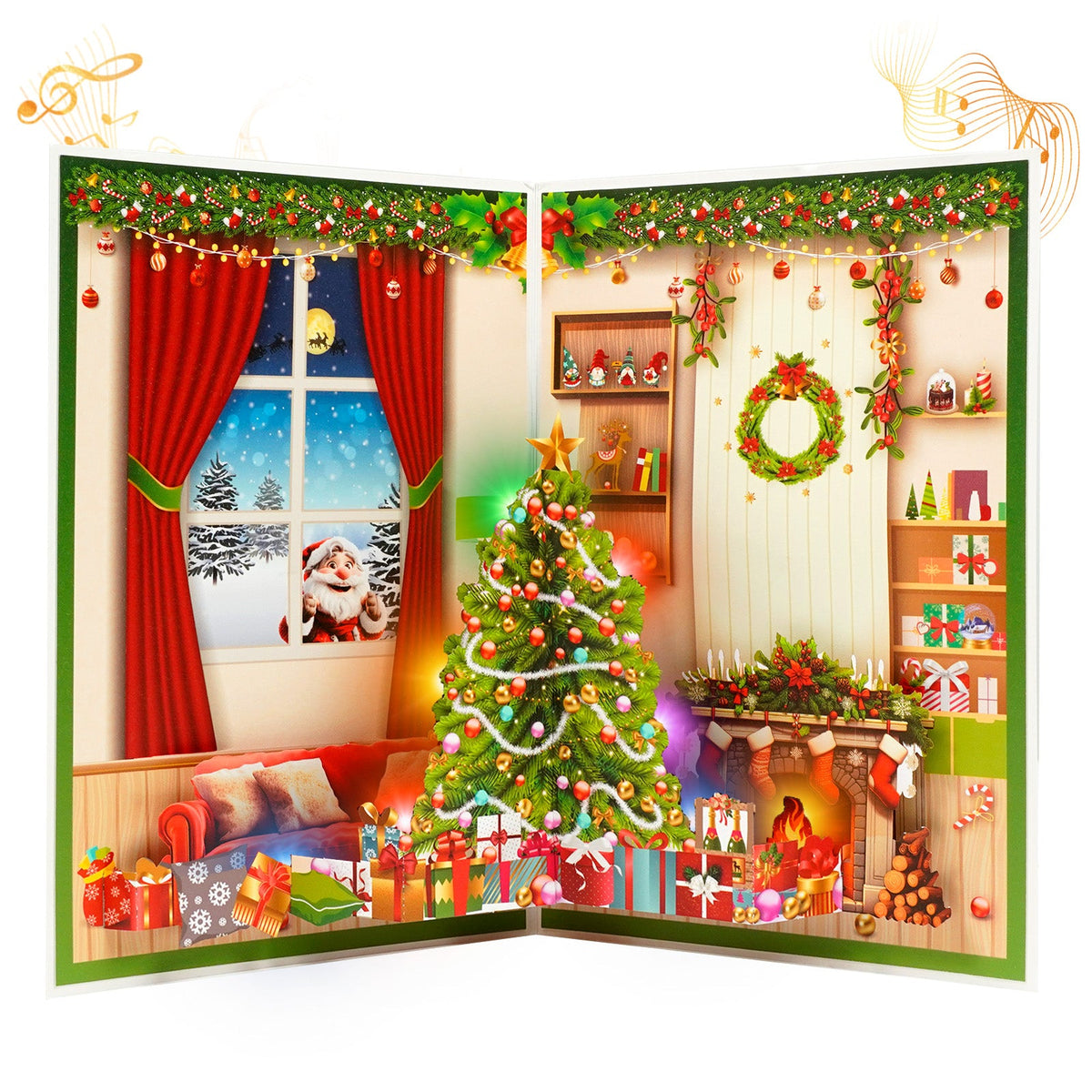 Christmas card with music and lights, 3D pop-up cozy home scene