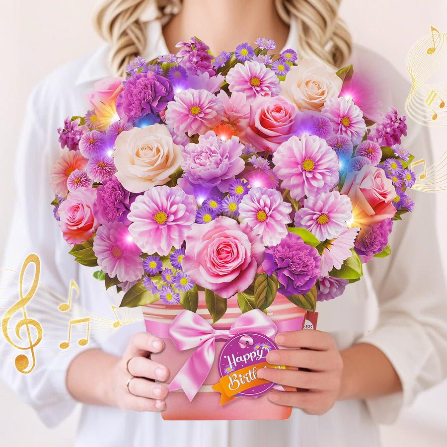 Lilac flower birthday card with music and lights, 3D bouquet
