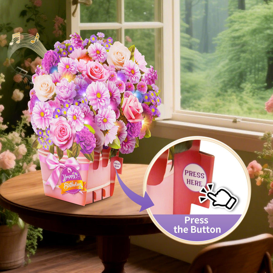Lilac flower birthday card with music and lights, 3D bouquet