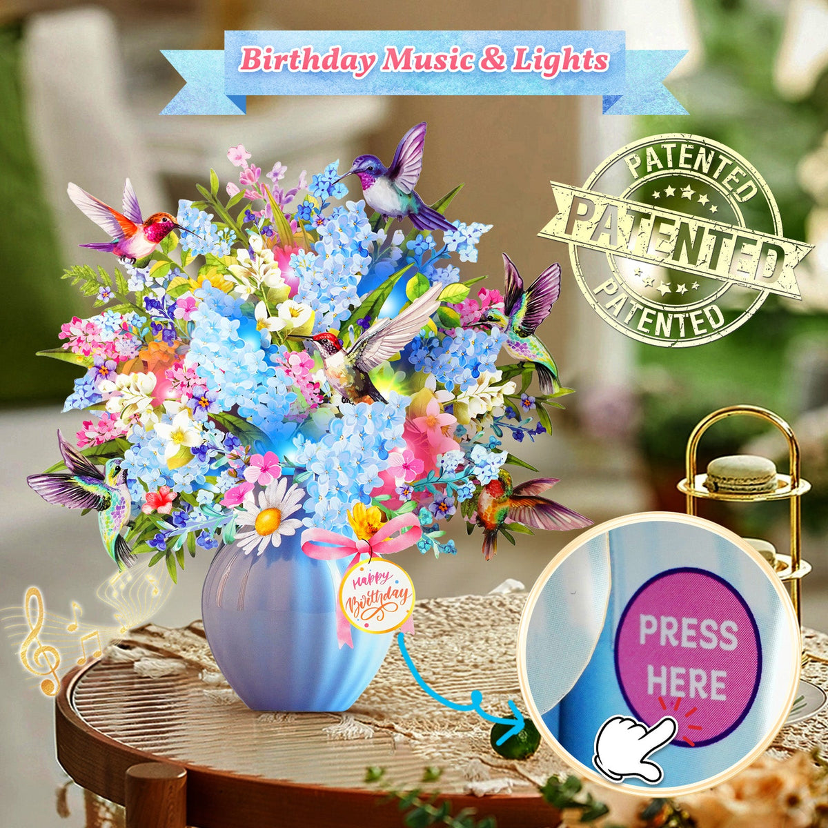 Hummingbird birthday card with music and lights, 3D flower bouquet