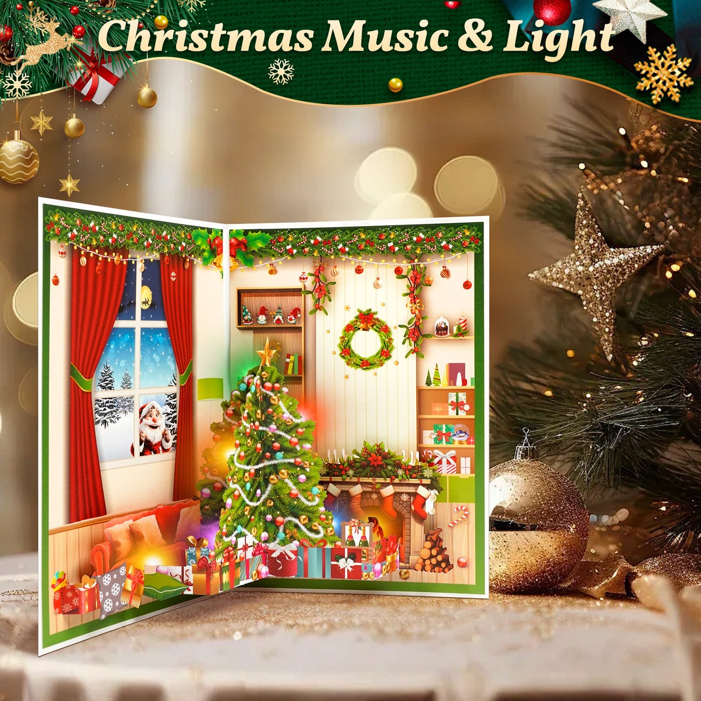 Christmas card with music and lights, 3D pop-up cozy home scene
