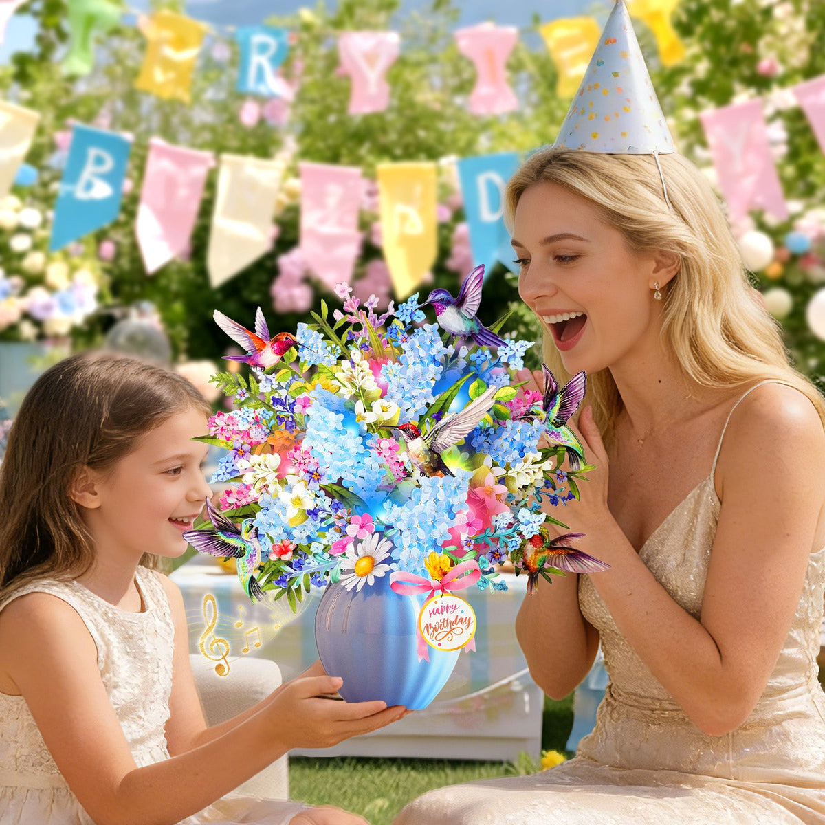 Hummingbird birthday card with music and lights, 3D flower bouquet