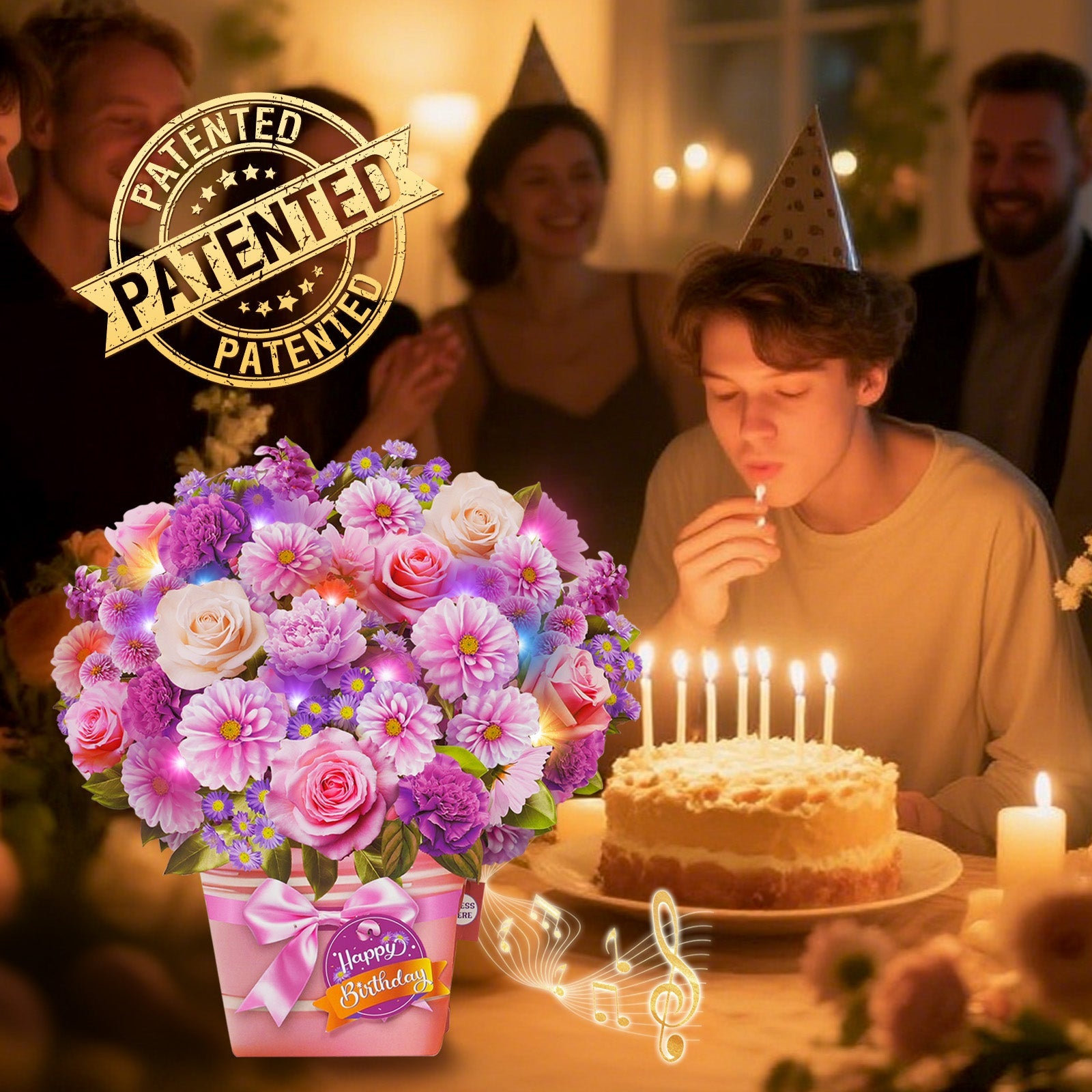 Lilac flower birthday card with music and lights, 3D bouquet