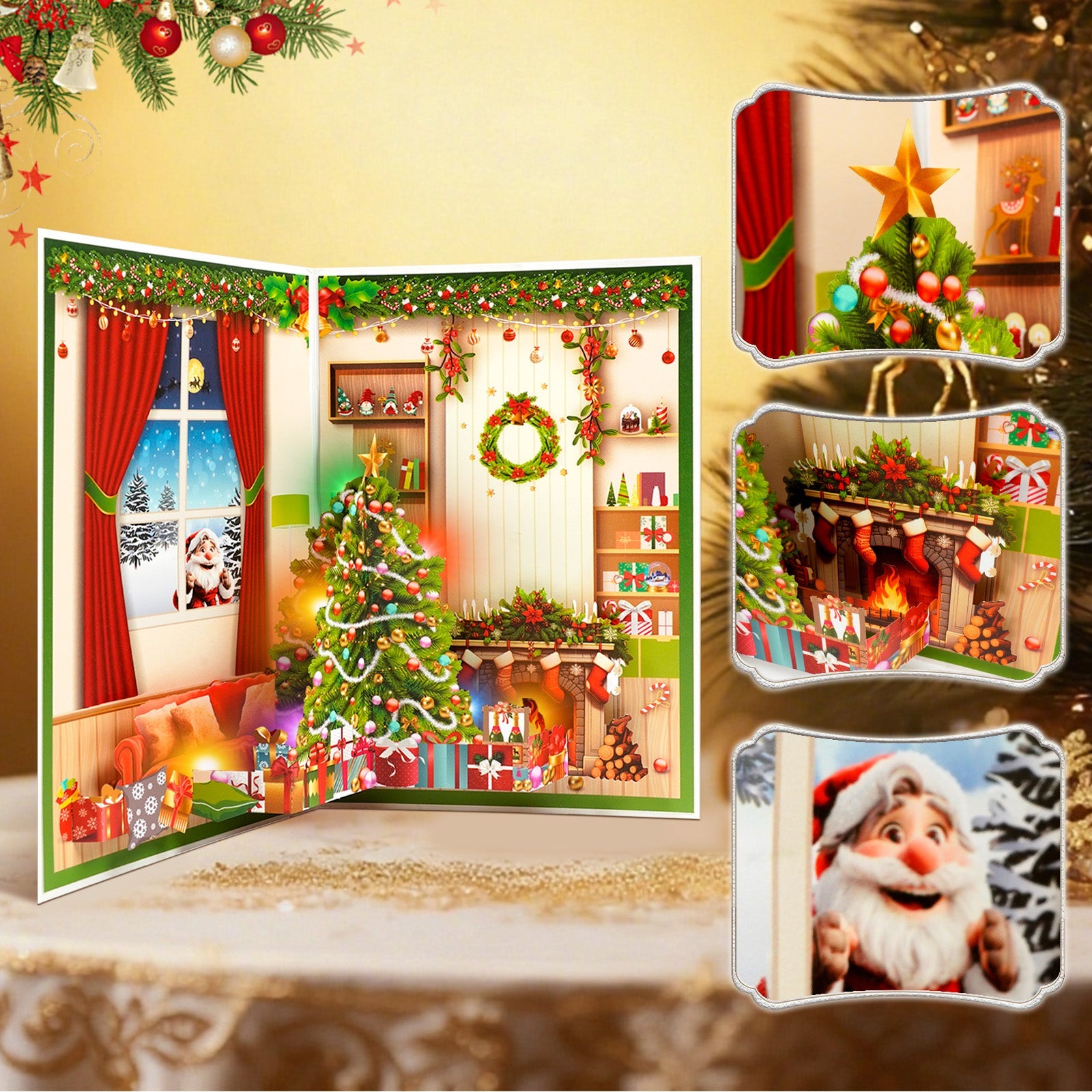 Christmas card with music and lights, 3D pop-up cozy home scene