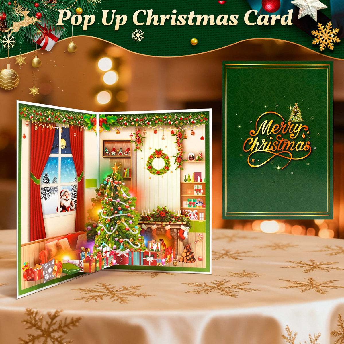 Christmas card with music and lights, 3D pop-up cozy home scene