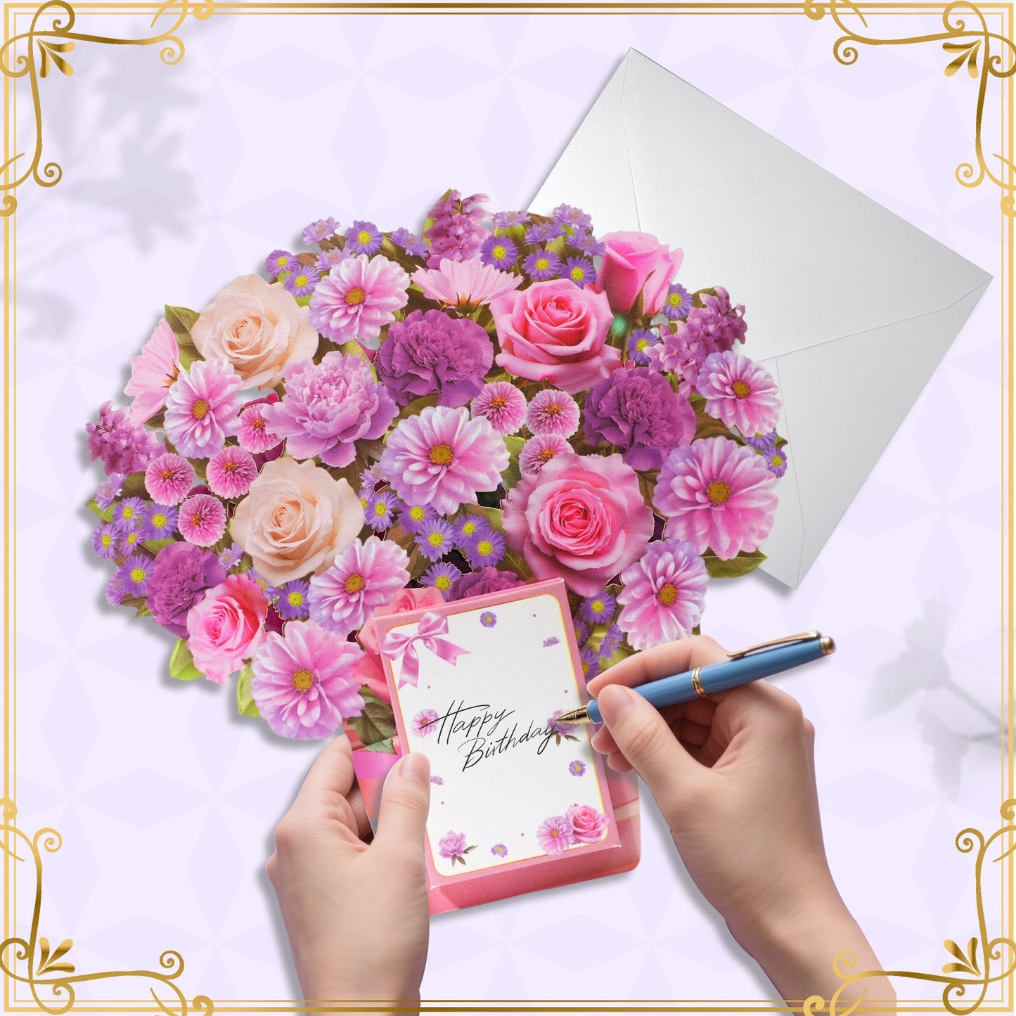 Lilac flower birthday card with music and lights, 3D bouquet