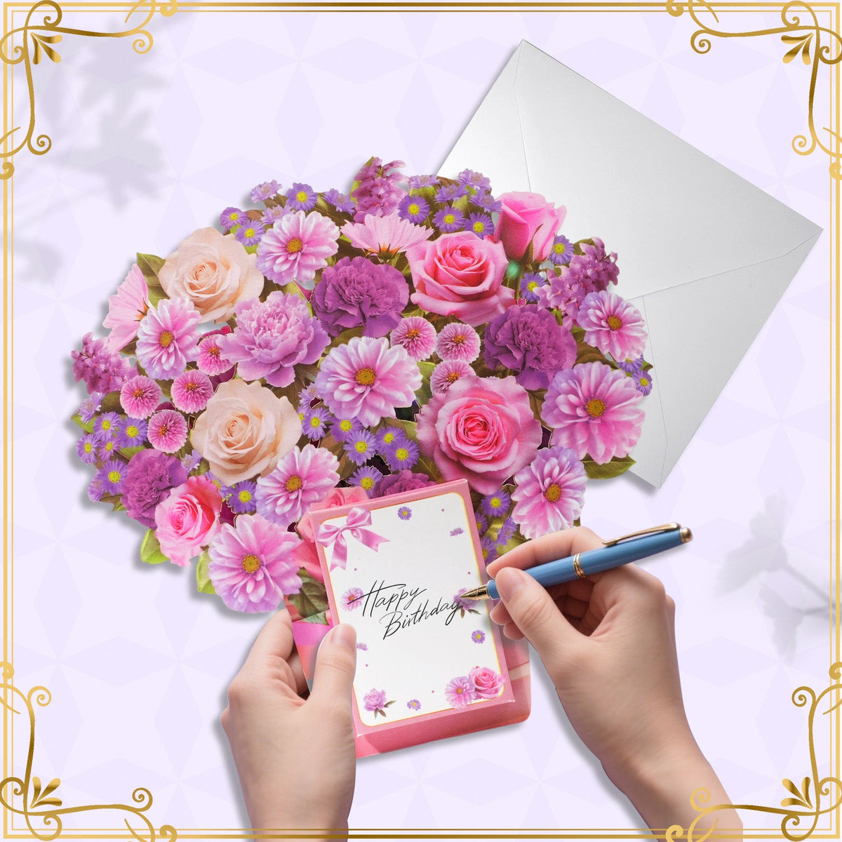 Lilac flower birthday card with music and lights, 3D bouquet