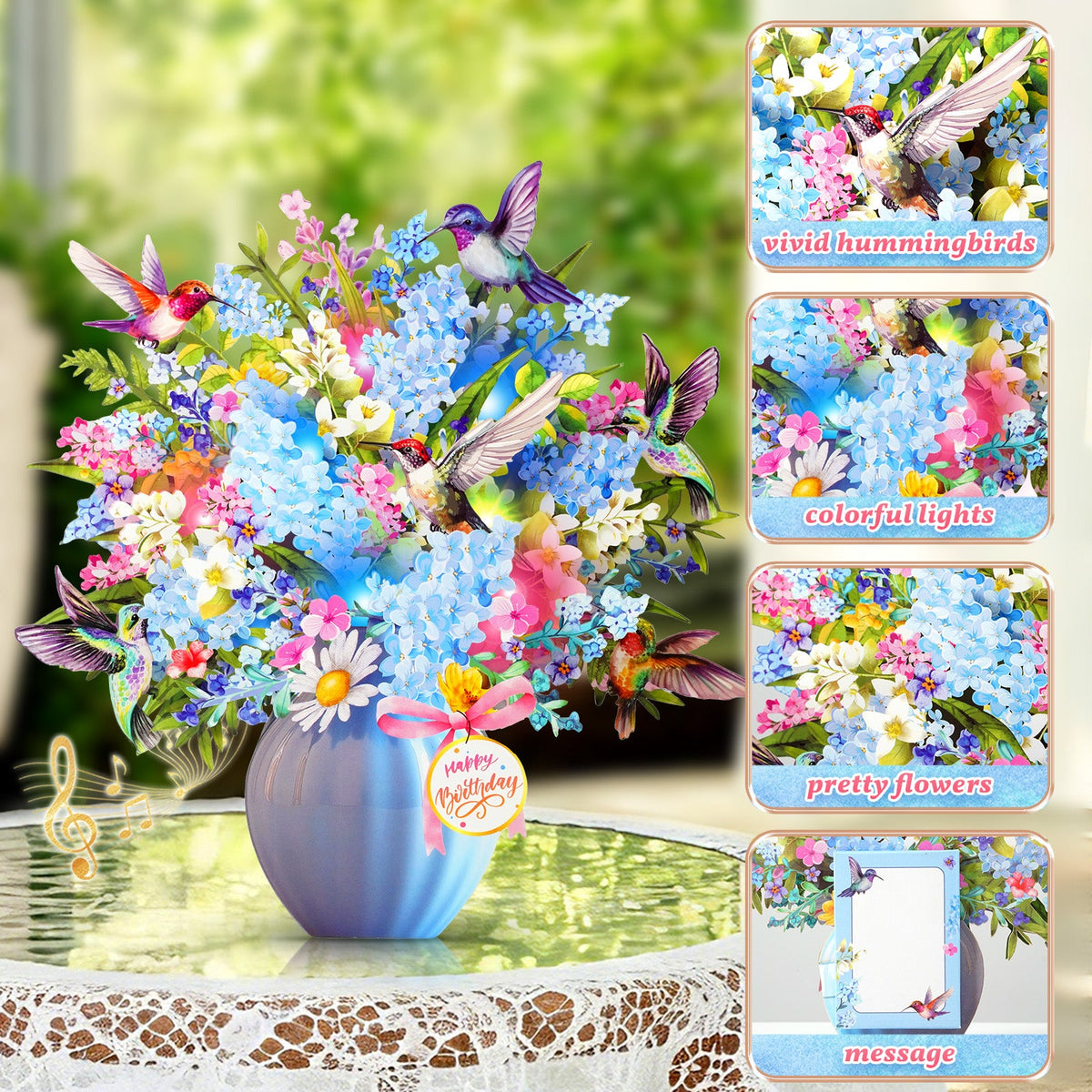 Hummingbird birthday card with music and lights, 3D flower bouquet