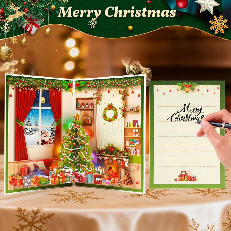 Christmas card with music and lights, 3D pop-up cozy home scene