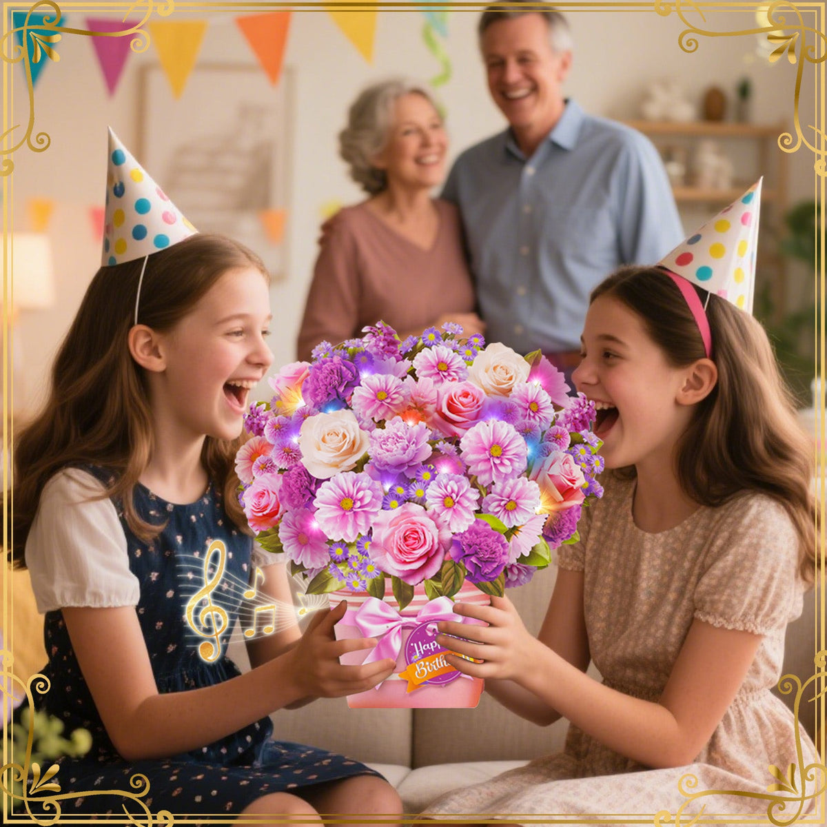 Lilac flower birthday card with music and lights, 3D bouquet