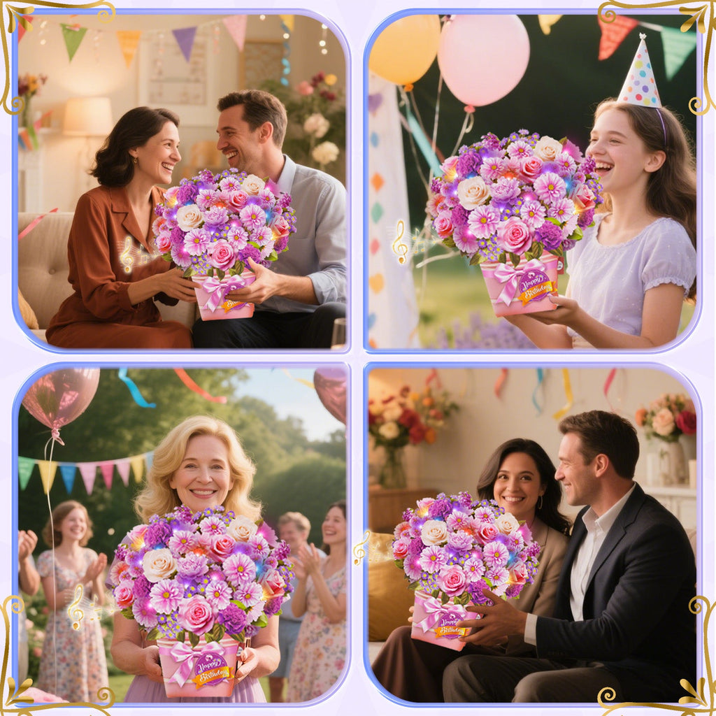 Lilac flower birthday card with music and lights, 3D bouquet