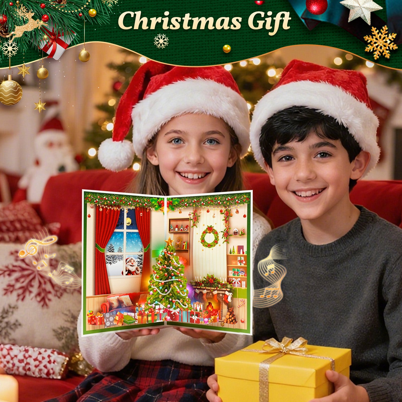 Christmas card with music and lights, 3D pop-up cozy home scene