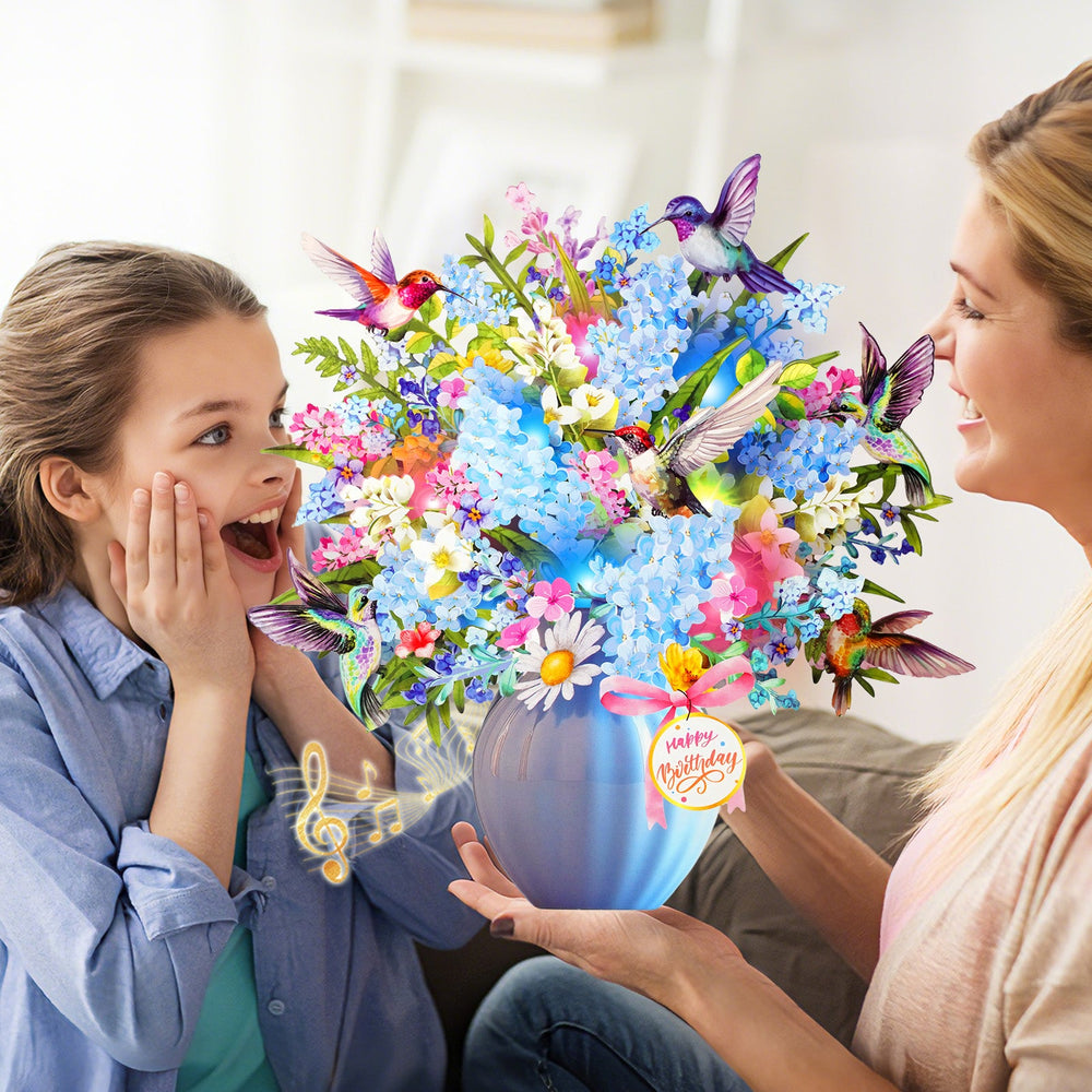 Hummingbird birthday card with music and lights, 3D flower bouquet