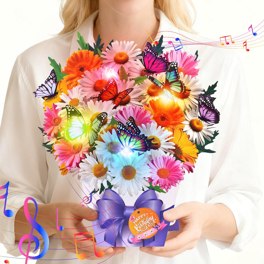 Butterfly and daisy birthday card with music and lights, 3D bouquet