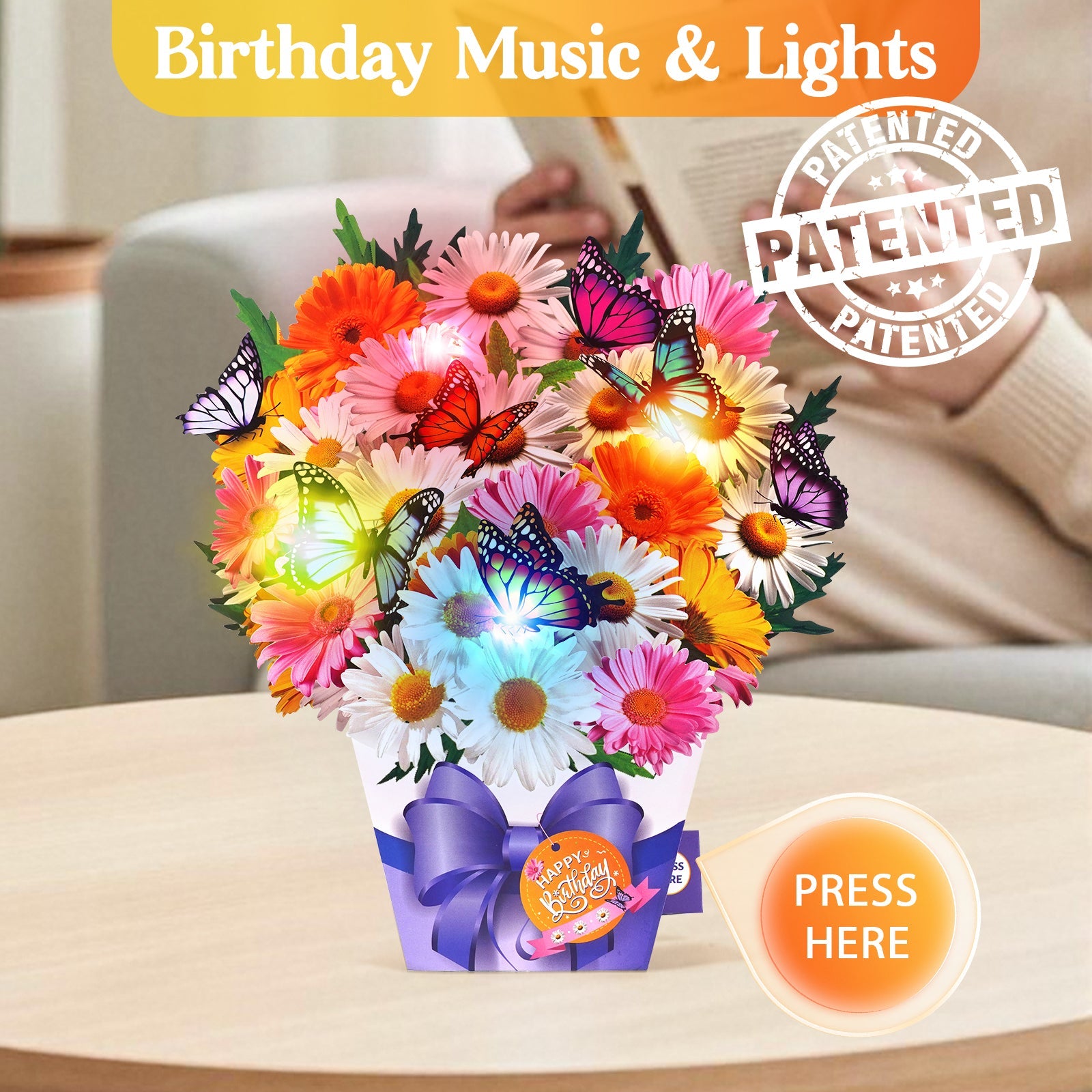 Butterfly and daisy birthday card with music and lights, 3D bouquet