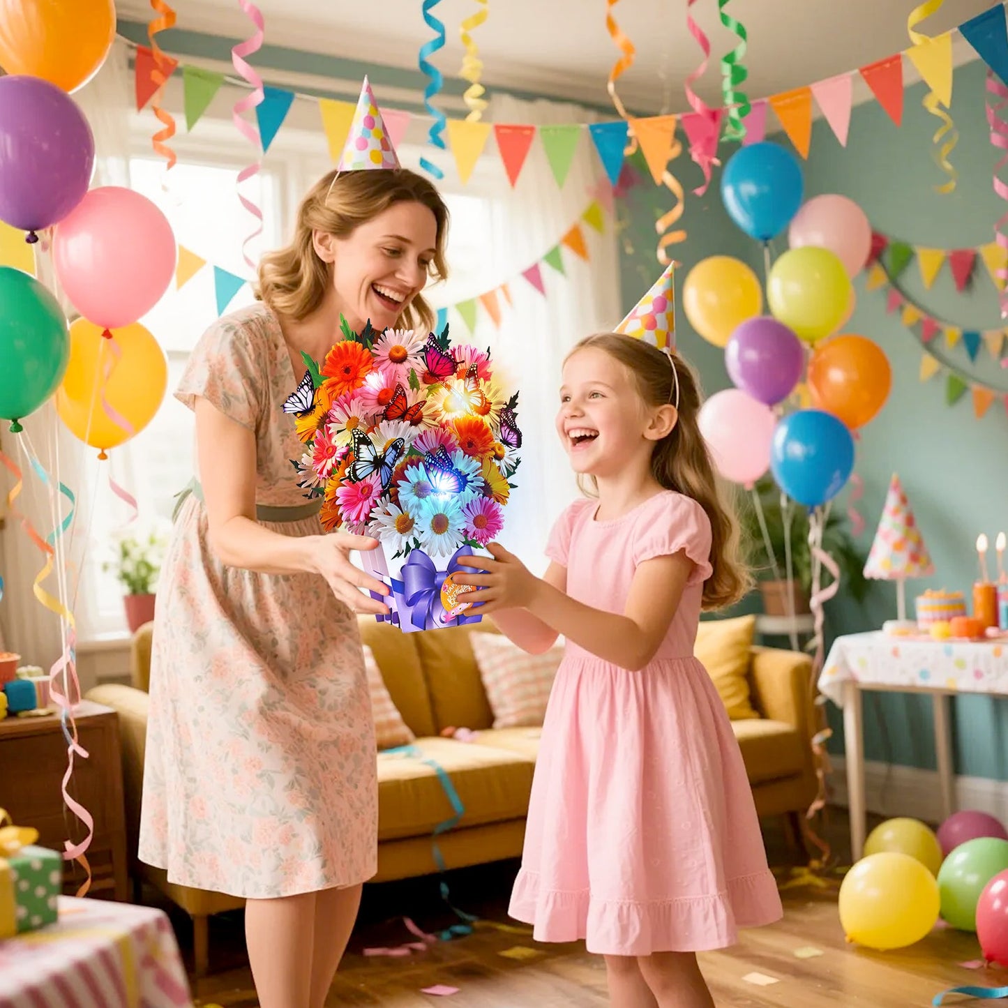 Butterfly and daisy birthday card with music and lights, 3D bouquet
