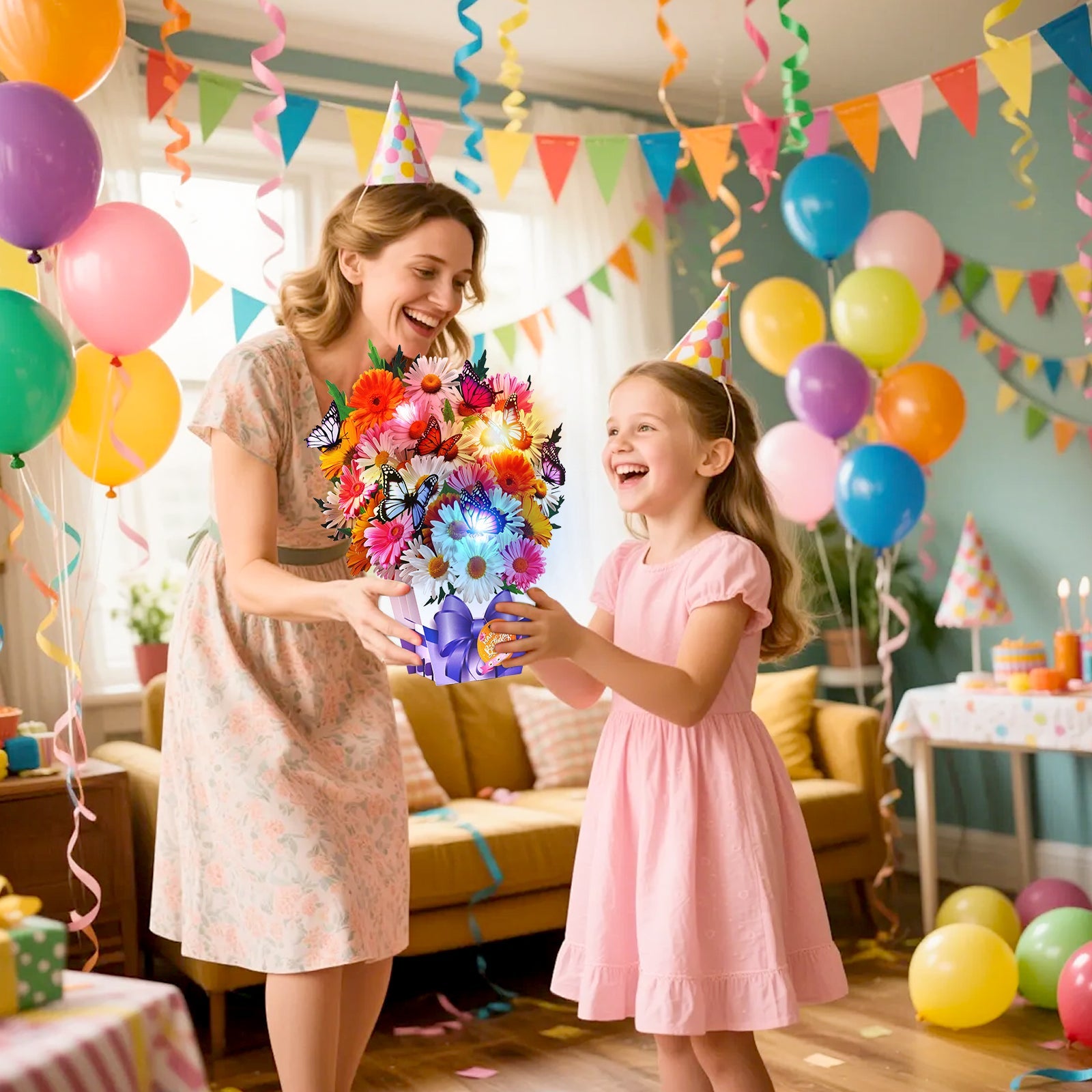 Butterfly and daisy birthday card with music and lights, 3D bouquet