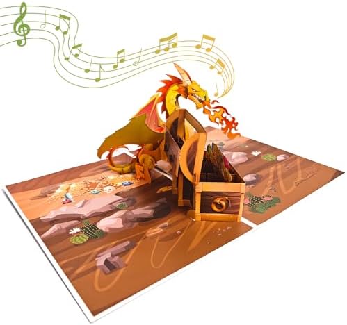 Dragon birthday card with music and lights, 3D pop-up for kids