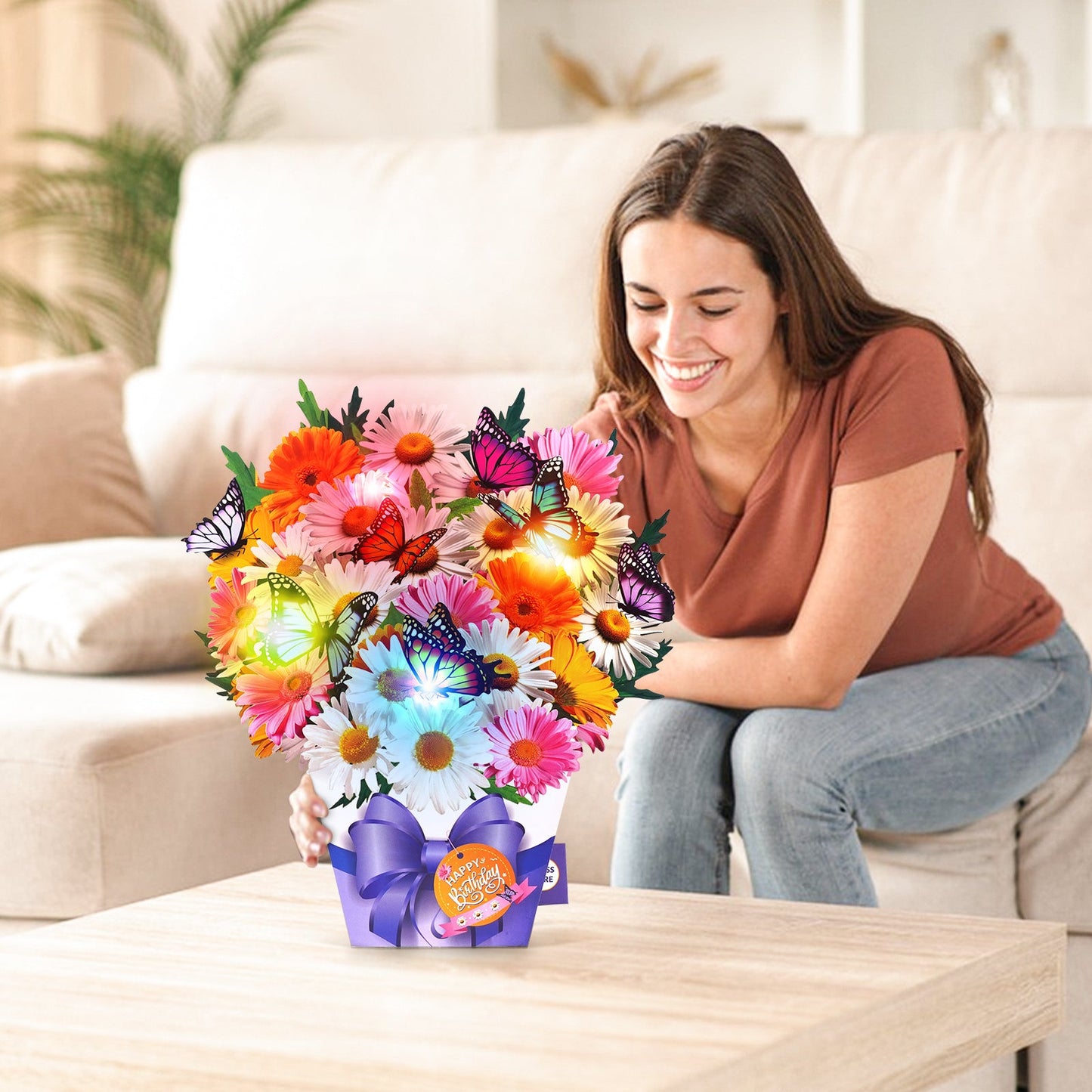 Butterfly and daisy birthday card with music and lights, 3D bouquet
