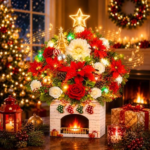 Christmas card with music and lights, 3D flower bouquet pop-up