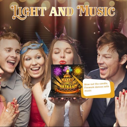 Black Gold Firework Birthday Card – 3D Pop-Up, Music & Candle