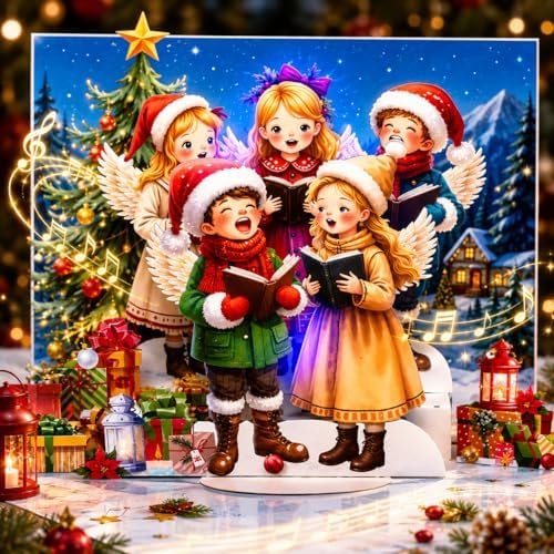 Christmas card with music and lights, 3D angel pop-up