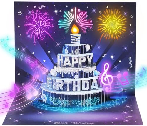 Silver-Blue Firework Birthday Card – 3D Pop-Up, Music & Candle