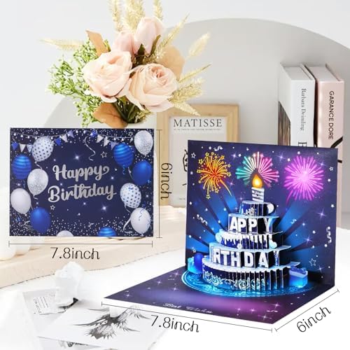 Silver-Blue Firework Birthday Card – 3D Pop-Up, Music & Candle