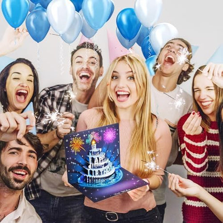 Silver-Blue Firework Birthday Card – 3D Pop-Up, Music & Candle