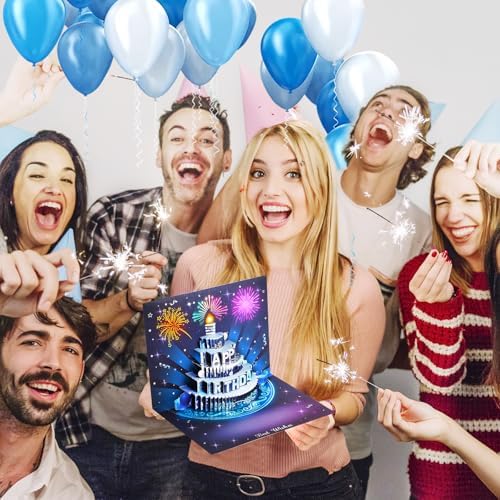 Silver-Blue Firework Birthday Card – 3D Pop-Up, Music & Candle
