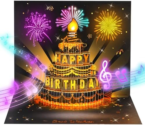 Black Gold Firework Birthday Card – 3D Pop-Up, Music & Candle