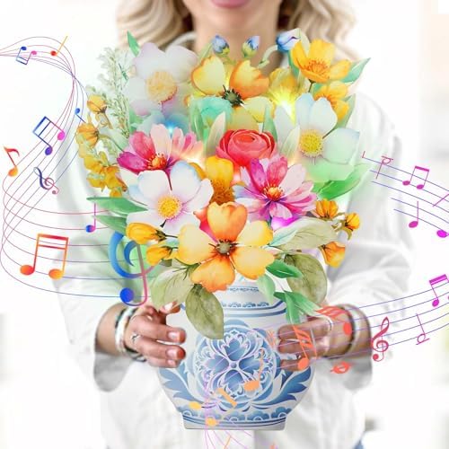 Mother's Day 3D watercolor flower bouquet pop-up card with music and lights