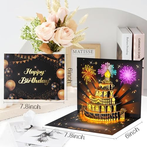 Black Gold Firework Birthday Card – 3D Pop-Up, Music & Candle