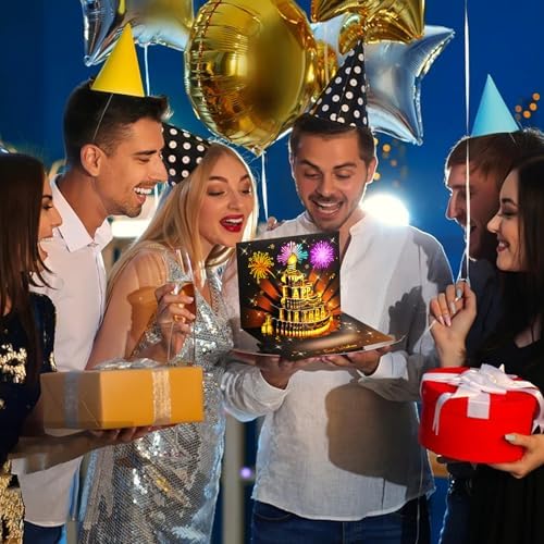 Black Gold Firework Birthday Card – 3D Pop-Up, Music & Candle