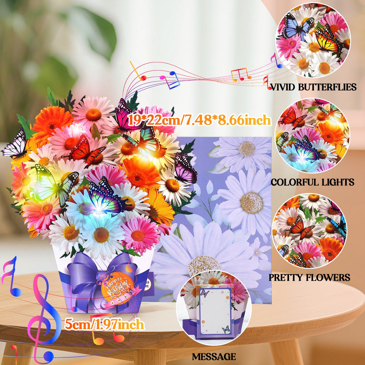 Butterfly and daisy birthday card with music and lights, 3D bouquet