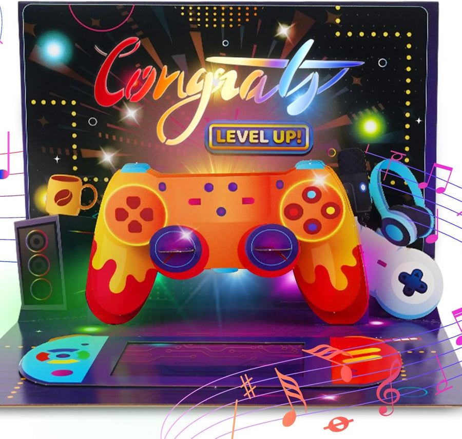 Gaming Birthday Card – 3D Pop-Up “Level Up” with Music & Lights