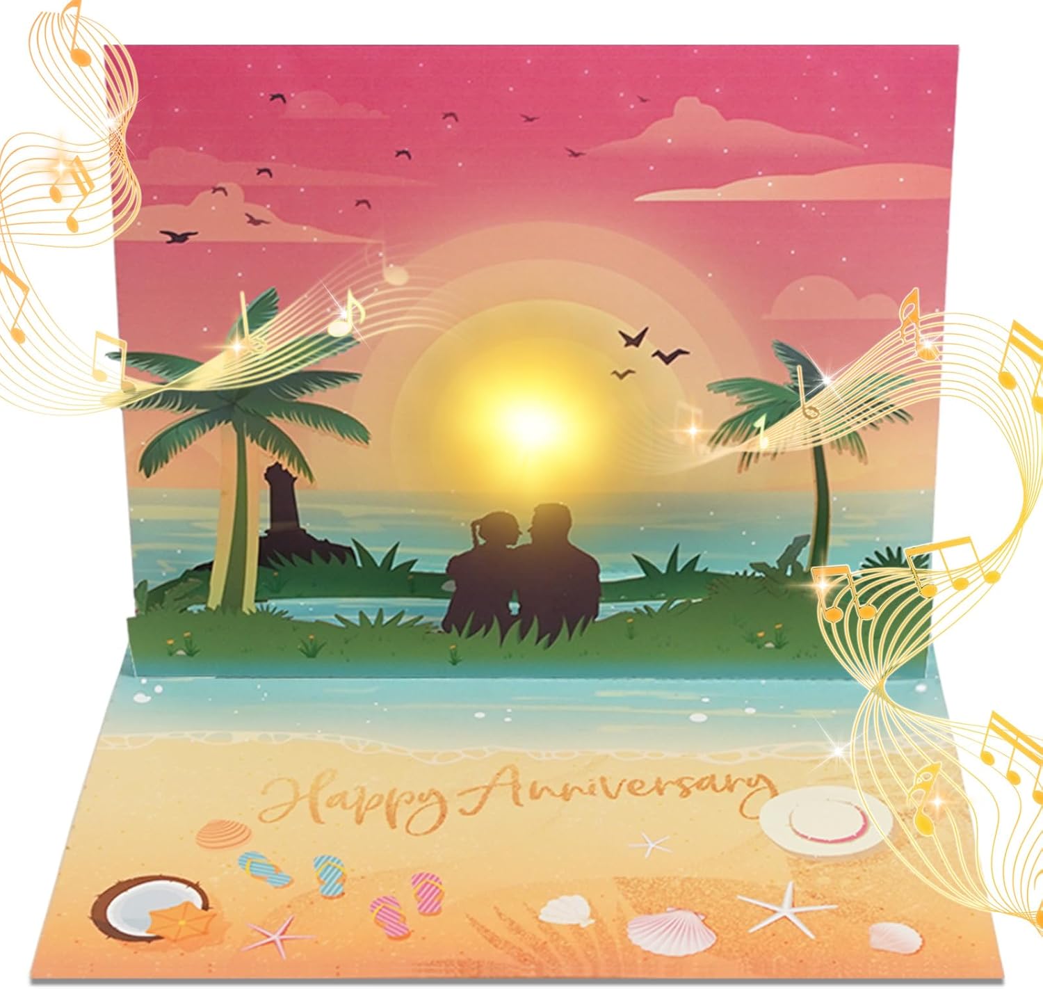 Anniversary card with music and lights, 3D sunset beach pop-up