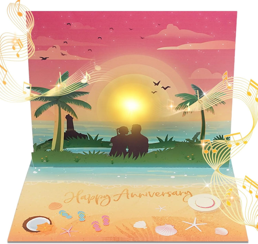 Anniversary card with music and lights, 3D sunset beach pop-up