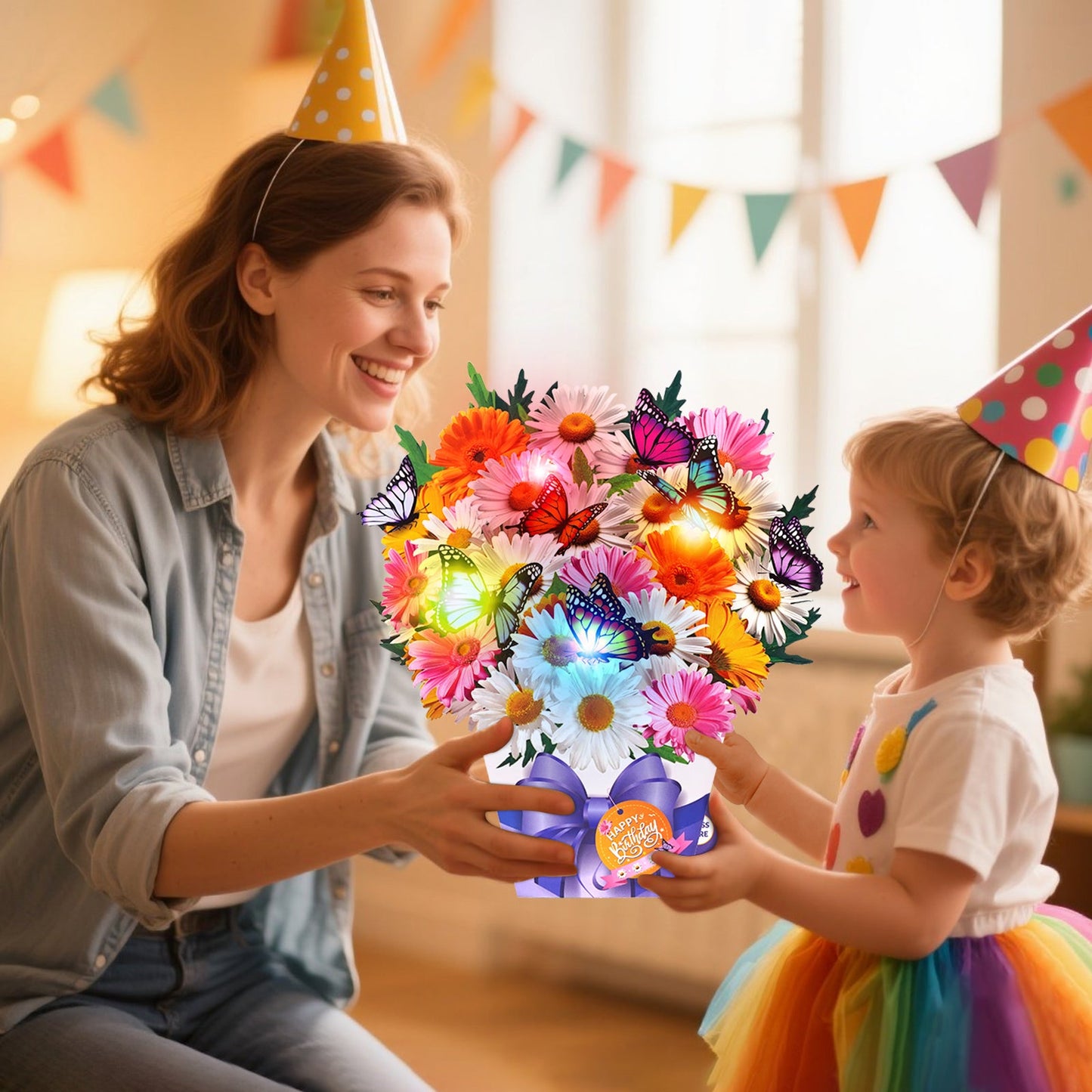 Butterfly and daisy birthday card with music and lights, 3D bouquet