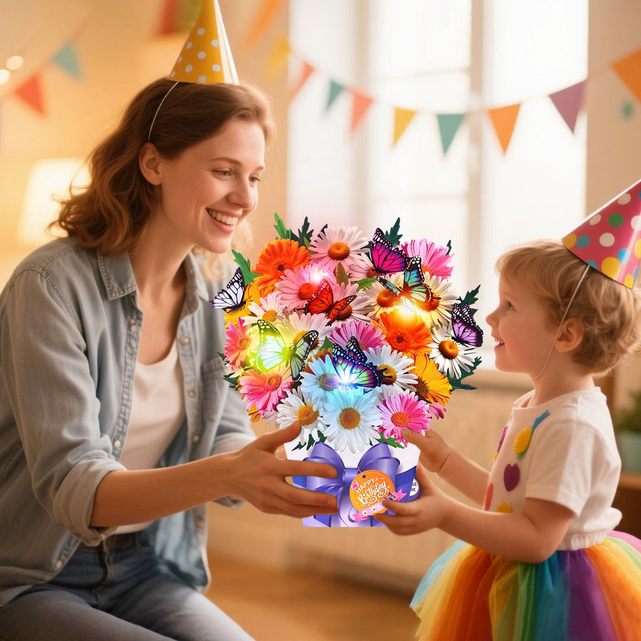 Butterfly and daisy birthday card with music and lights, 3D bouquet