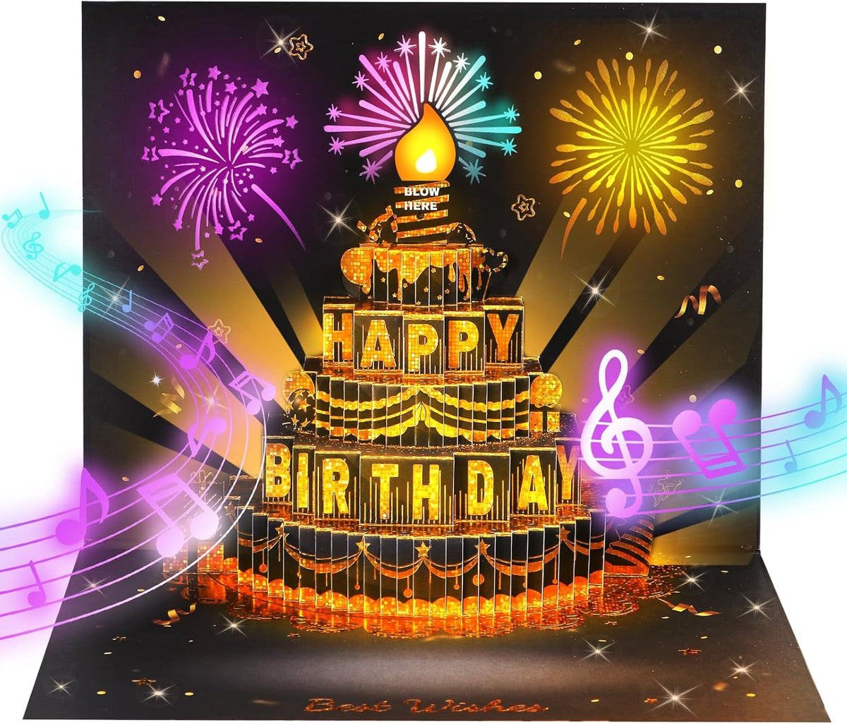 Black Gold Firework Birthday Card – 3D Pop-Up, Music & Candle