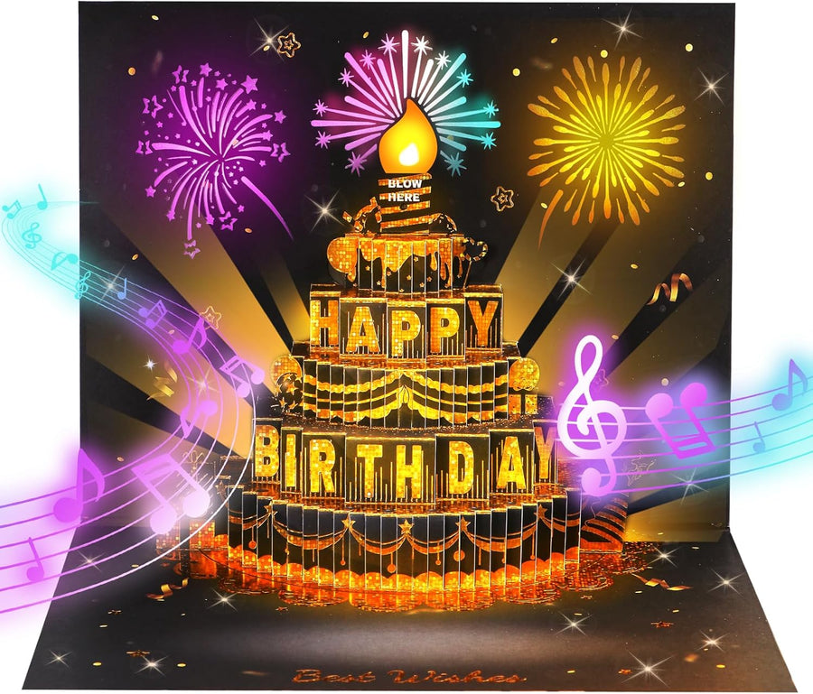 Black Gold Firework Birthday Card – 3D Pop-Up, Music & Candle