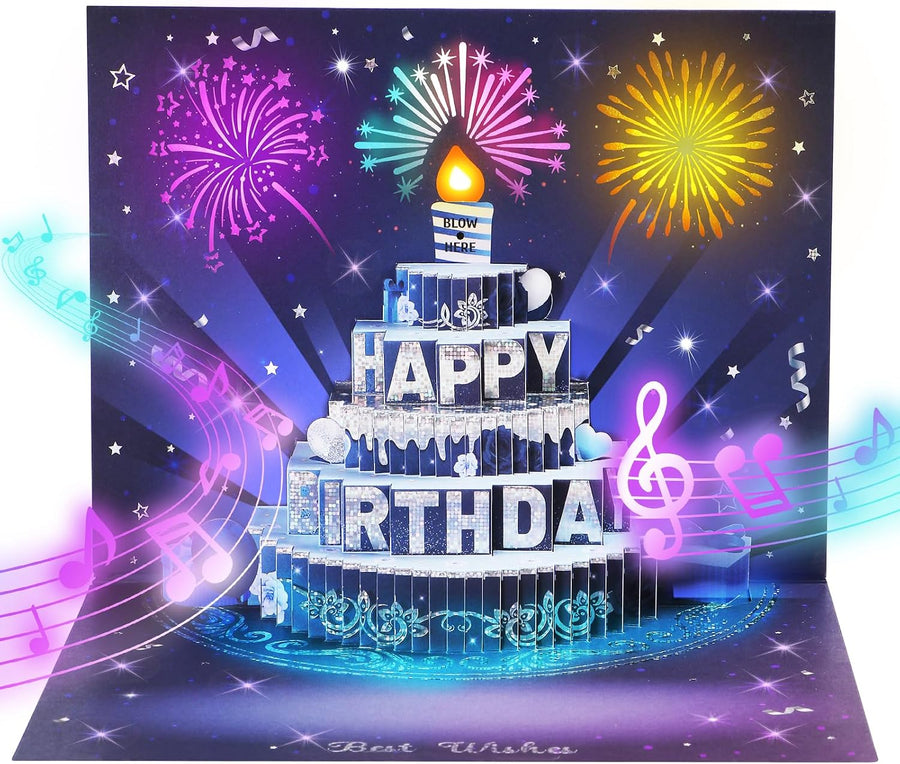 Silver-Blue Firework Birthday Card – 3D Pop-Up, Music & Candle